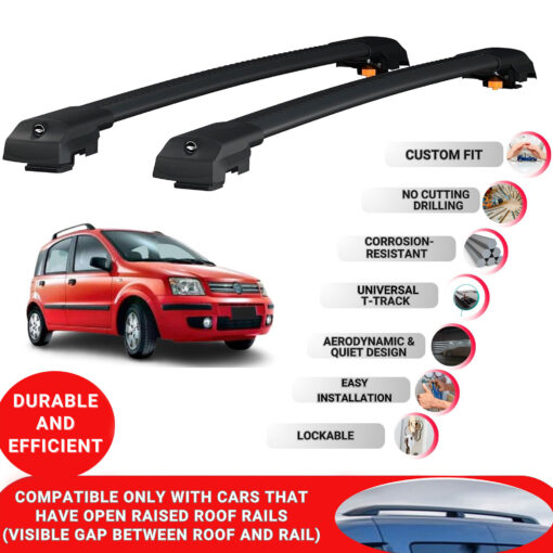 Lockable Roof Bars fit Raised Rails For Fiat Panda (169) 2003-2011; Heavy Duty Aluminum Roof Rails Cross Bar, Ideal Car Roof Rack Bars for Luggage 2 Pcs Rail Carrier (Black) - Image 2