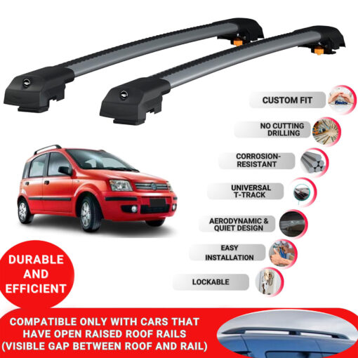 Lockable Roof Bars fit Raised Rails For Fiat Panda (169) 2003-2011; Heavy Duty Aluminum Roof Rails Cross Bar, Ideal Car Roof Rack Bars for Luggage 2 Pcs Rail Carrier (Grey) - Image 2