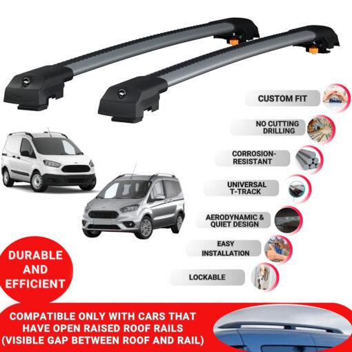 Lockable Roof Bars fit Raised Rails For Ford Transit/Tourneo Courier 2014-2017; Heavy Duty Aluminum Roof Rails Cross Bar, Ideal Car Roof Rack Bars for Luggage 2 Pcs Rail Carrier (Grey) - Image 2