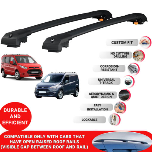 Lockable Roof Bars fit Raised Rails For Ford Transit/Tourneo Connect 2 2014-2021; Heavy Duty Aluminum Roof Rails Cross Bar, Ideal Car Roof Rack Bars for Luggage 2 Pcs Rail Carrier (Black) - Image 2