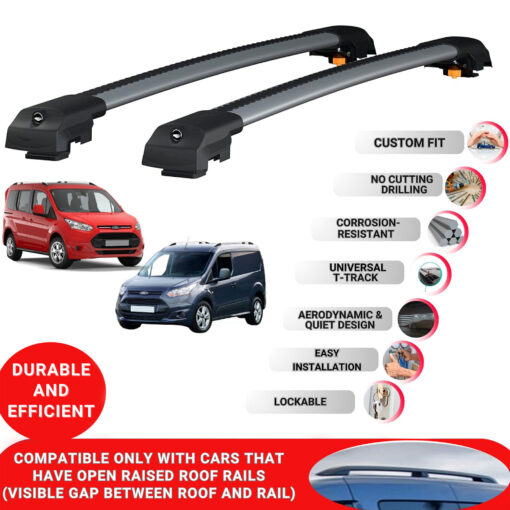 Lockable Roof Bars fit Raised Rails For Ford Transit/Tourneo Connect 2 2014-2021; Heavy Duty Aluminum Roof Rails Cross Bar, Ideal Car Roof Rack Bars for Luggage 2 Pcs Rail Carrier (Grey) - Image 2