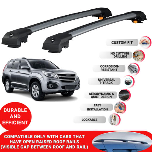 Lockable Roof Bars fit Raised Rails For Great Wall Haval H9 2015-2024; Heavy Duty Aluminum Roof Rails Cross Bar, Ideal Car Roof Rack Bars for Luggage 2 Pcs Rail Carrier (Grey) - Image 2