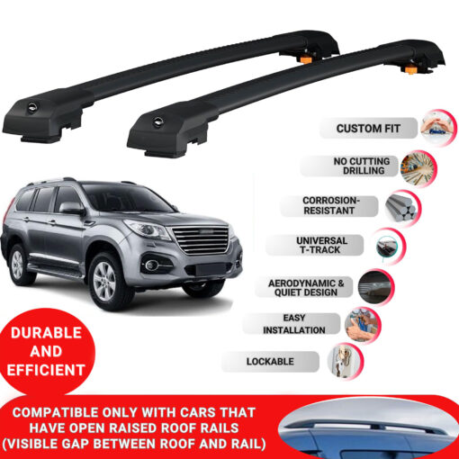 Lockable Roof Bars fit Raised Rails For Great Wall Haval H2 2015-2022; Heavy Duty Aluminum Roof Rails Cross Bar, Ideal Car Roof Rack Bars for Luggage 2 Pcs Rail Carrier (Black) - Image 2