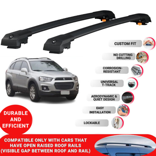 Lockable Roof Bars fit Raised Rails For Holden Captiva 2006-2018; Heavy Duty Aluminum Roof Rails Cross Bar, Ideal Car Roof Rack Bars for Luggage 2 Pcs Rail Carrier (Black) - Image 2