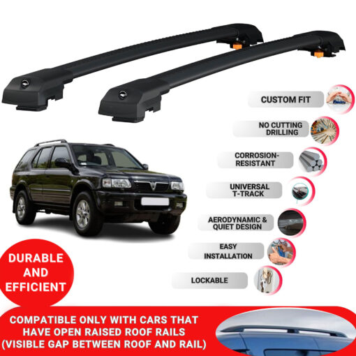 Lockable Roof Bars fit Raised Rails For Holden Frontera Sport 1999-2004; Heavy Duty Aluminum Roof Rails Cross Bar, Ideal Car Roof Rack Bars for Luggage 2 Pcs Rail Carrier (Black) - Image 2