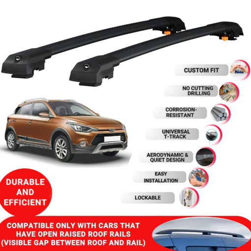 Lockable Roof Bars fit Raised Rails For Hyundai I20 2015-2019; Heavy Duty Aluminum Roof Rails Cross Bar, Ideal Car Roof Rack Bars for Luggage 2 Pcs Rail Carrier (Black) - Image 2