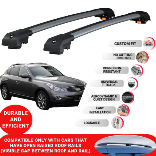 Lockable Roof Bars fit Raised Rails For Infiniti Ex (J50) 2008-2013; Heavy Duty Aluminum Roof Rails Cross Bar, Ideal Car Roof Rack Bars for Luggage 2 Pcs Rail Carrier (Grey) - Image 2