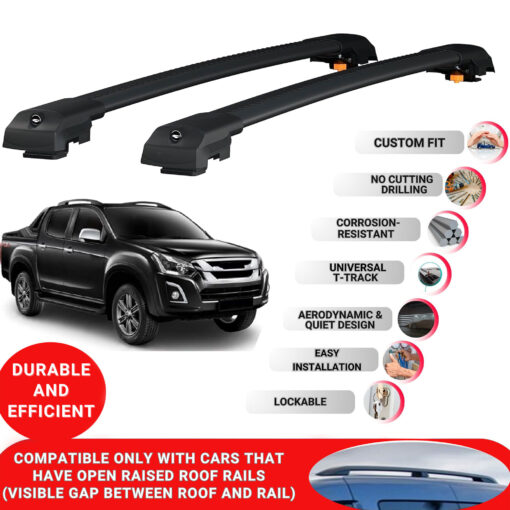 Lockable Roof Bars fit Raised Rails For Isuzu D-Max 2012-2015; Heavy Duty Aluminum Roof Rails Cross Bar, Ideal Car Roof Rack Bars for Luggage 2 Pcs Rail Carrier (Black) - Image 2