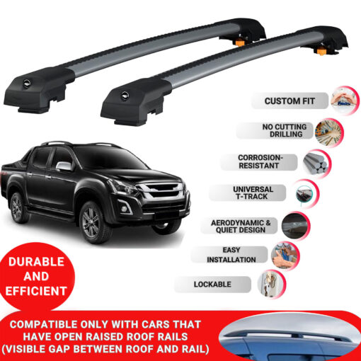 Lockable Roof Bars fit Raised Rails For Isuzu D-Max 2012-2015; Heavy Duty Aluminum Roof Rails Cross Bar, Ideal Car Roof Rack Bars for Luggage 2 Pcs Rail Carrier (Grey) - Image 2