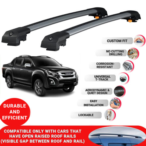 Lockable Roof Bars fit Raised Rails For Isuzu D-Max 2016-2019; Heavy Duty Aluminum Roof Rails Cross Bar, Ideal Car Roof Rack Bars for Luggage 2 Pcs Rail Carrier (Grey) - Image 2