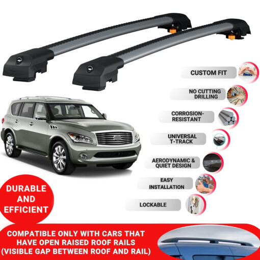 Lockable Roof Bars fit Raised Rails For Infiniti QX56 (Z62) 2011-2013; Heavy Duty Aluminum Roof Rails Cross Bar, Ideal Car Roof Rack Bars for Luggage 2 Pcs Rail Carrier (Grey) - Image 2