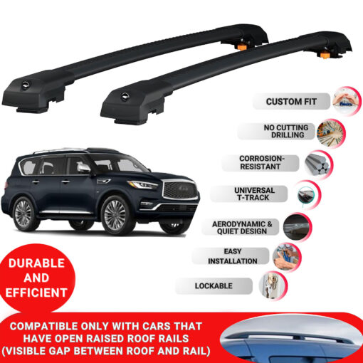 Lockable Roof Bars fit Raised Rails For Infiniti QX80 (Z62) 2014-2023; Heavy Duty Aluminum Roof Rails Cross Bar, Ideal Car Roof Rack Bars for Luggage 2 Pcs Rail Carrier (Black) - Image 2