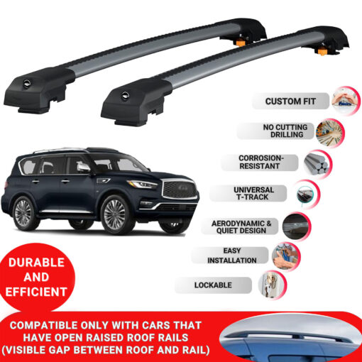 Lockable Roof Bars fit Raised Rails For Infiniti QX80 (Z62) 2014-2023; Heavy Duty Aluminum Roof Rails Cross Bar, Ideal Car Roof Rack Bars for Luggage 2 Pcs Rail Carrier (Grey) - Image 2