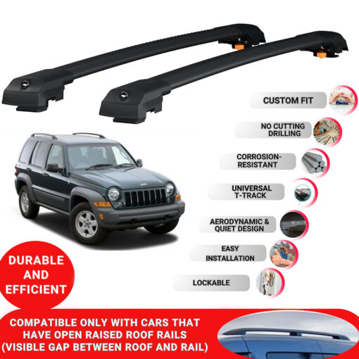 Lockable Roof Bars fit Raised Rails For Jeep Cherokee (KJ) 2002-2007; Heavy Duty Aluminum Roof Rails Cross Bar, Ideal Car Roof Rack Bars for Luggage 2 Pcs Rail Carrier (Black) - Image 2