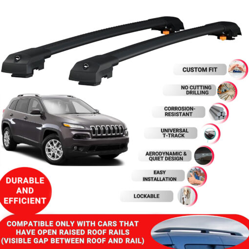 Lockable Roof Bars fit Raised Rails For Jeep Cherokee 2015-2018; Heavy Duty Aluminum Roof Rails Cross Bar, Ideal Car Roof Rack Bars for Luggage 2 Pcs Rail Carrier (Black) - Image 2