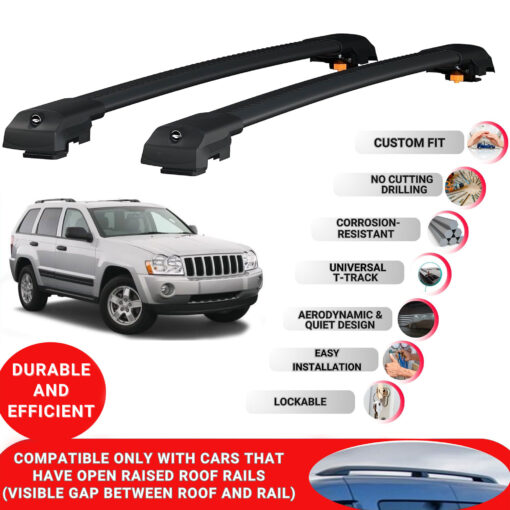 Lockable Roof Bars fit Raised Rails For Jeep Grand Cherokee 2005-2010; Heavy Duty Aluminum Roof Rails Cross Bar, Ideal Car Roof Rack Bars for Luggage 2 Pcs Rail Carrier (Black) - Image 2