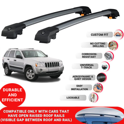 Lockable Roof Bars fit Raised Rails For Jeep Grand Cherokee 2005-2010; Heavy Duty Aluminum Roof Rails Cross Bar, Ideal Car Roof Rack Bars for Luggage 2 Pcs Rail Carrier (Grey) - Image 2