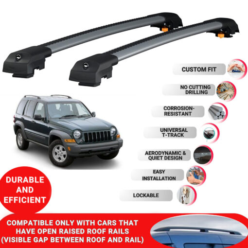 Lockable Roof Bars fit Raised Rails For Jeep Liberty 2002-2007; Heavy Duty Aluminum Roof Rails Cross Bar, Ideal Car Roof Rack Bars for Luggage 2 Pcs Rail Carrier (Grey) - Image 2