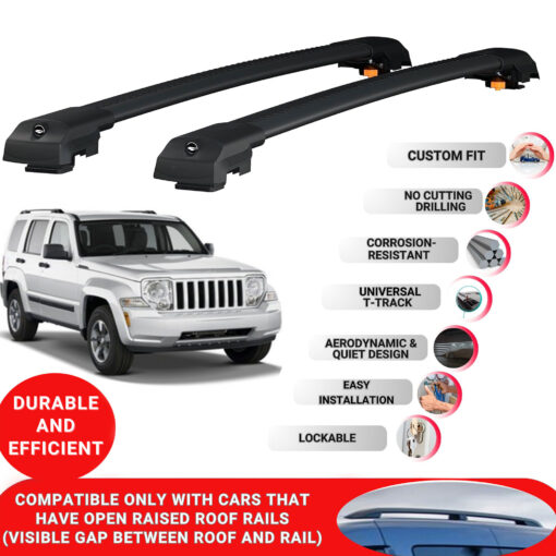 Lockable Roof Bars fit Raised Rails For Jeep Liberty 2008-2012; Heavy Duty Aluminum Roof Rails Cross Bar, Ideal Car Roof Rack Bars for Luggage 2 Pcs Rail Carrier (Black) - Image 2