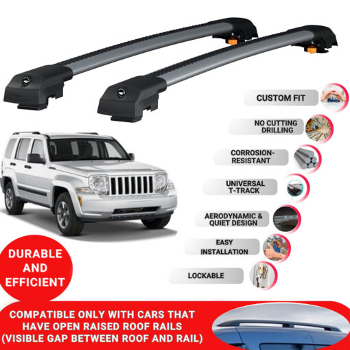 Lockable Roof Bars fit Raised Rails For Jeep Liberty 2008-2012; Heavy Duty Aluminum Roof Rails Cross Bar, Ideal Car Roof Rack Bars for Luggage 2 Pcs Rail Carrier (Grey) - Image 2