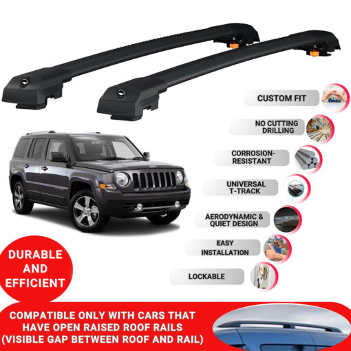 Lockable Roof Bars fit Raised Rails For Jeep Patriot 2007-2017; Heavy Duty Aluminum Roof Rails Cross Bar, Ideal Car Roof Rack Bars for Luggage 2 Pcs Rail Carrier (Black) - Image 2