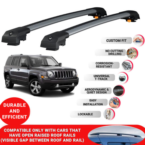 Lockable Roof Bars fit Raised Rails For Jeep Patriot 2007-2017; Heavy Duty Aluminum Roof Rails Cross Bar, Ideal Car Roof Rack Bars for Luggage 2 Pcs Rail Carrier (Grey) - Image 2