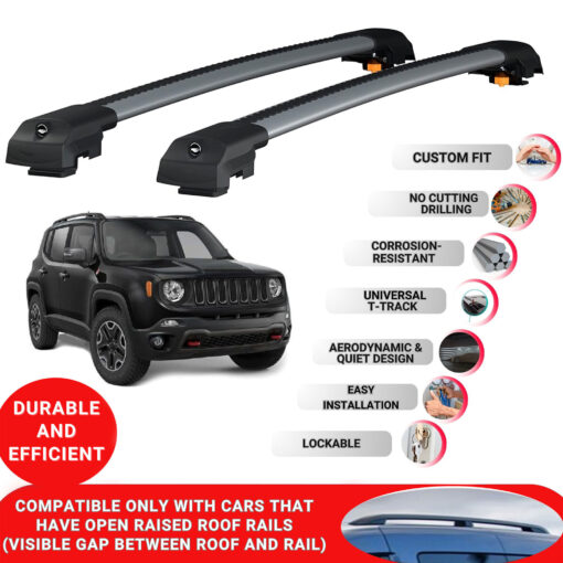 Lockable Roof Bars fit Raised Rails For Jeep Renegade 2014-2024; Heavy Duty Aluminum Roof Rails Cross Bar, Ideal Car Roof Rack Bars for Luggage 2 Pcs Rail Carrier (Grey) - Image 2