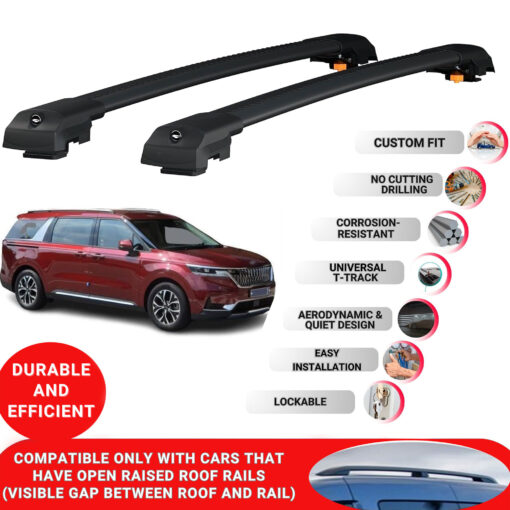 Lockable Roof Bars fit Raised Rails For Kia Carnival (Ka4) 2021-2023; Heavy Duty Aluminum Roof Rails Cross Bar, Ideal Car Roof Rack Bars for Luggage 2 Pcs Rail Carrier (Black) - Image 2