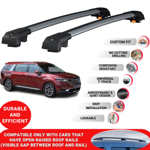 Lockable Roof Bars fit Raised Rails For Kia Carnival (Ka4) 2021-2023; Heavy Duty Aluminum Roof Rails Cross Bar, Ideal Car Roof Rack Bars for Luggage 2 Pcs Rail Carrier (Grey) - Image 2
