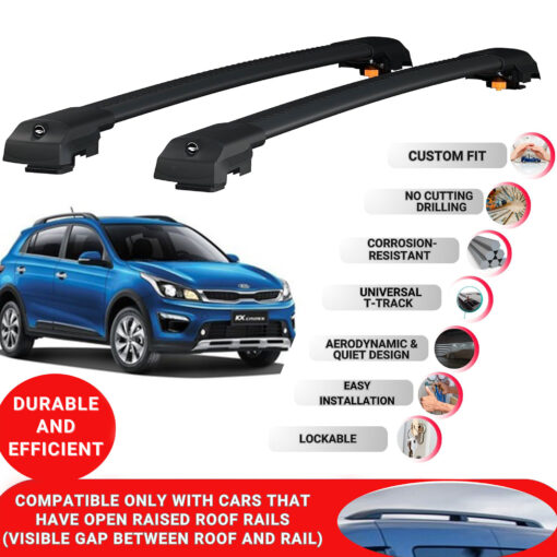 Lockable Roof Bars fit Raised Rails For Kia Kx Cross 2017-2022; Heavy Duty Aluminum Roof Rails Cross Bar, Ideal Car Roof Rack Bars for Luggage 2 Pcs Rail Carrier (Black) - Image 2