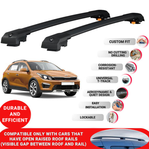 Lockable Roof Bars fit Raised Rails For Kia Rio X-Line 2017-2022; Heavy Duty Aluminum Roof Rails Cross Bar, Ideal Car Roof Rack Bars for Luggage 2 Pcs Rail Carrier (Black) - Image 2