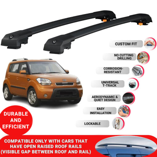 Lockable Roof Bars fit Raised Rails For Kia Soul 2009-2013; Heavy Duty Aluminum Roof Rails Cross Bar, Ideal Car Roof Rack Bars for Luggage 2 Pcs Rail Carrier (Black) - Image 2