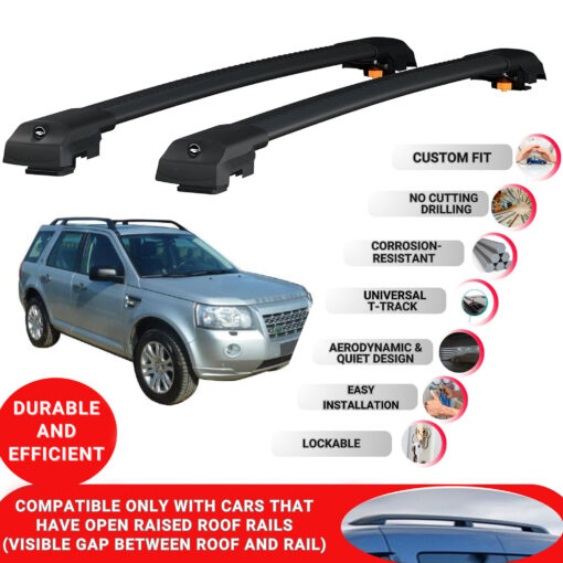 Lockable Roof Bars fit Raised Rails For Landrover Freelander 2 2007-2014; Heavy Duty Aluminum Roof Rails Cross Bar, Ideal Car Roof Rack Bars for Luggage 2 Pcs Rail Carrier (Black) - Image 2