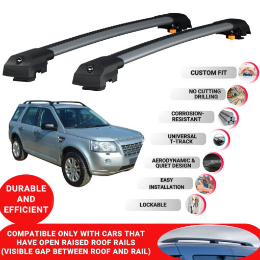 Lockable Roof Bars fit Raised Rails For Landrover Freelander 2 2007-2014; Heavy Duty Aluminum Roof Rails Cross Bar, Ideal Car Roof Rack Bars for Luggage 2 Pcs Rail Carrier (Grey) - Image 2