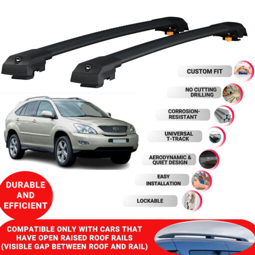 Lockable Roof Bars fit Raised Rails For Lexus Rx (XU30) 2004-2009; Heavy Duty Aluminum Roof Rails Cross Bar, Ideal Car Roof Rack Bars for Luggage 2 Pcs Rail Carrier (Black) - Image 2