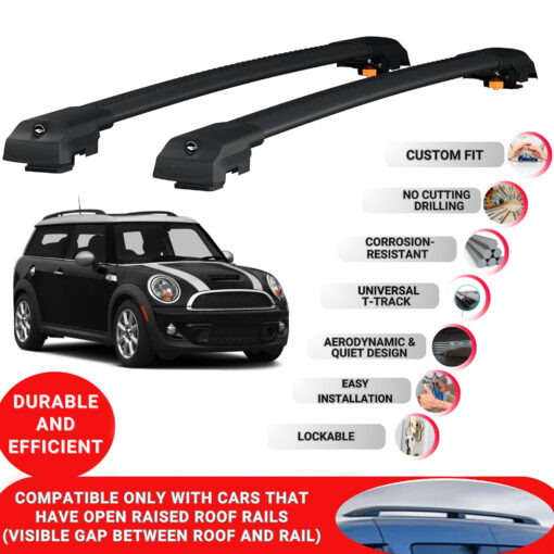 Lockable Roof Bars fit Raised Rails For Mini Clubman (F60) 2007-2014; Heavy Duty Aluminum Roof Rails Cross Bar, Ideal Car Roof Rack Bars for Luggage 2 Pcs Rail Carrier (Black) - Image 2