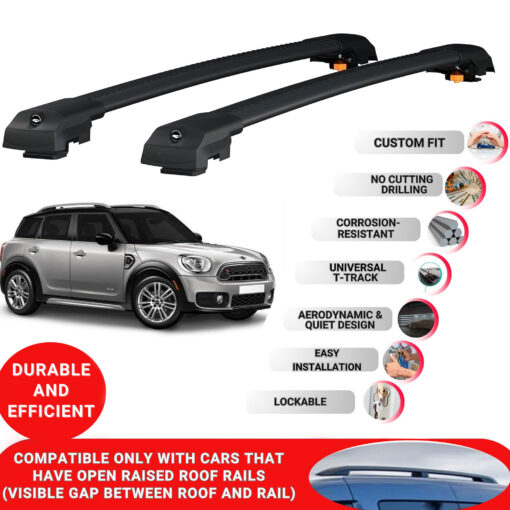 Lockable Roof Bars fit Raised Rails For Mini Countryman (F60) 2017-2023; Heavy Duty Aluminum Roof Rails Cross Bar, Ideal Car Roof Rack Bars for Luggage 2 Pcs Rail Carrier (Black) - Image 2