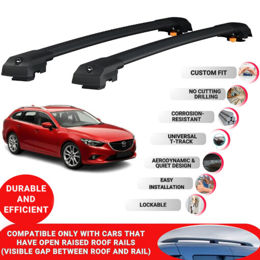 Lockable Roof Bars fit Raised Rails For Mazda 6 GJ1/GL) Wagon/Estate 2013-2022; Heavy Duty Aluminum Roof Rails Cross Bar, Ideal Car Roof Rack Bars for Luggage 2 Pcs Rail Carrier (Black) - Image 2