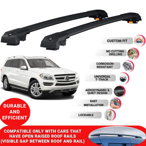 Lockable Roof Bars fit Raised Rails For Mercedes Gl Class X166 2013-2019; Heavy Duty Aluminum Roof Rails Cross Bar, Ideal Car Roof Rack Bars for Luggage 2 Pcs Rail Carrier (Black) - Image 2