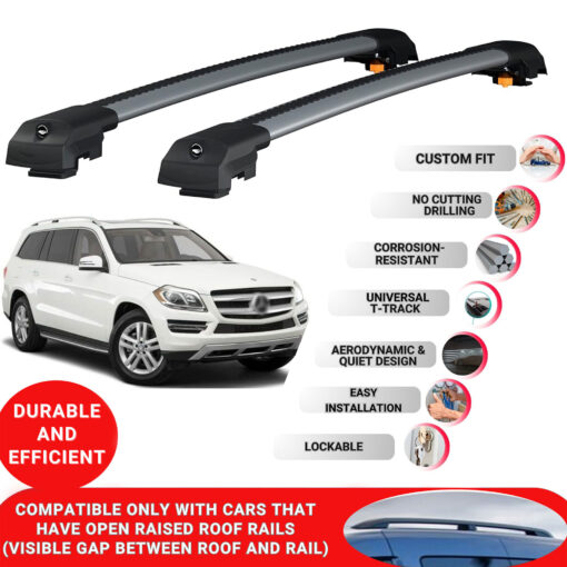 Lockable Roof Bars fit Raised Rails For Mercedes Gl Class X166 2013-2019; Heavy Duty Aluminum Roof Rails Cross Bar, Ideal Car Roof Rack Bars for Luggage 2 Pcs Rail Carrier (Grey) - Image 2