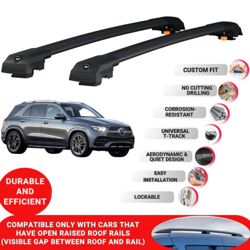 Lockable Roof Bars fit Raised Rails For Mercedes Gle (V167) 2019-2024; Heavy Duty Aluminum Roof Rails Cross Bar, Ideal Car Roof Rack Bars for Luggage 2 Pcs Rail Carrier (Black) - Image 2