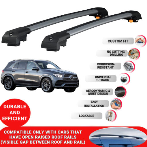 Lockable Roof Bars fit Raised Rails For Mercedes Gle (V167) 2019-2024; Heavy Duty Aluminum Roof Rails Cross Bar, Ideal Car Roof Rack Bars for Luggage 2 Pcs Rail Carrier (Grey) - Image 2