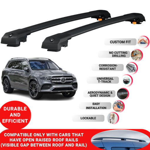 Lockable Roof Bars fit Raised Rails For Mercedes Gls X166 2020-2022; Heavy Duty Aluminum Roof Rails Cross Bar, Ideal Car Roof Rack Bars for Luggage 2 Pcs Rail Carrier (Black) - Image 2