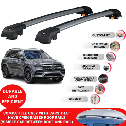 Lockable Roof Bars fit Raised Rails For Mercedes Gls X166 2020-2022; Heavy Duty Aluminum Roof Rails Cross Bar, Ideal Car Roof Rack Bars for Luggage 2 Pcs Rail Carrier (Grey) - Image 2