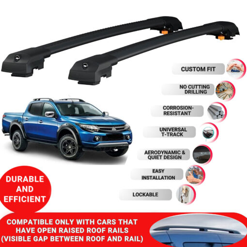 Lockable Roof Bars fit Raised Rails For Mitsubishi L200 2015-2023; Heavy Duty Aluminum Roof Rails Cross Bar, Ideal Car Roof Rack Bars for Luggage 2 Pcs Rail Carrier (Black) - Image 2