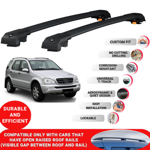 Lockable Roof Bars fit Raised Rails For Mercedes Ml Class W163 1998-2005; Heavy Duty Aluminum Roof Rails Cross Bar, Ideal Car Roof Rack Bars for Luggage 2 Pcs Rail Carrier (Black) - Image 2