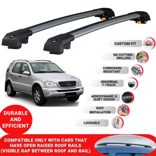 Lockable Roof Bars fit Raised Rails For Mercedes Ml Class W163 1998-2005; Heavy Duty Aluminum Roof Rails Cross Bar, Ideal Car Roof Rack Bars for Luggage 2 Pcs Rail Carrier (Grey) - Image 2