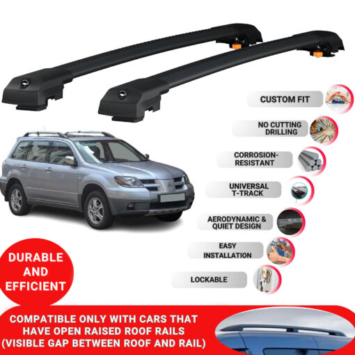 Lockable Roof Bars fit Raised Rails For Mitsubishi Outlander 2003-2006; Heavy Duty Aluminum Roof Rails Cross Bar, Ideal Car Roof Rack Bars for Luggage 2 Pcs Rail Carrier (Black) - Image 2