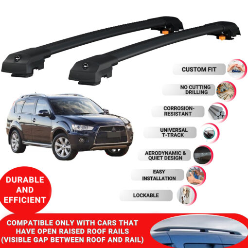 Lockable Roof Bars fit Raised Rails For Mitsubishi Outlander 2007-2012; Heavy Duty Aluminum Roof Rails Cross Bar, Ideal Car Roof Rack Bars for Luggage 2 Pcs Rail Carrier (Black) - Image 2