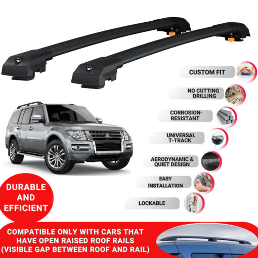 Lockable Roof Bars fit Raised Rails For Mitsubishi Pajero 2007-2022; Heavy Duty Aluminum Roof Rails Cross Bar, Ideal Car Roof Rack Bars for Luggage 2 Pcs Rail Carrier (Black) - Image 2